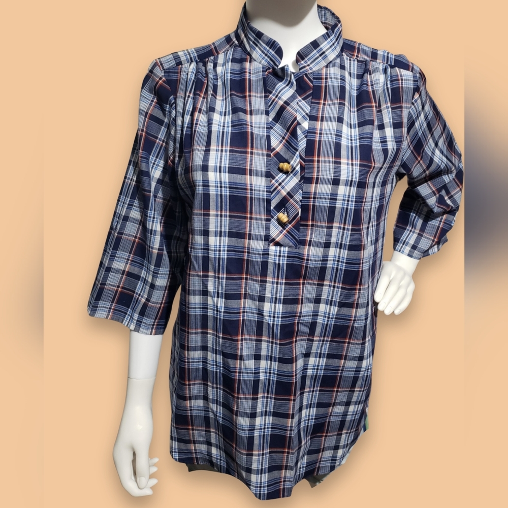 Vintage Plaid Tunic Wooden Buttons Womens